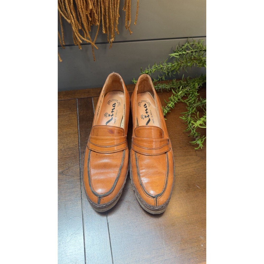 VTG Womens Nina Italian Orange Leather Loafers Wedge Shoes Slip on Size 7B Rb536